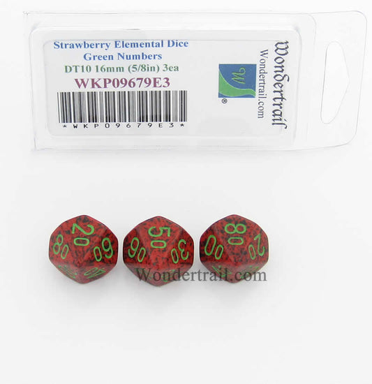 WKP09679E3 Strawberry Elemental Dice Green Numbers DT10 16mm Pack of 3 Main Image