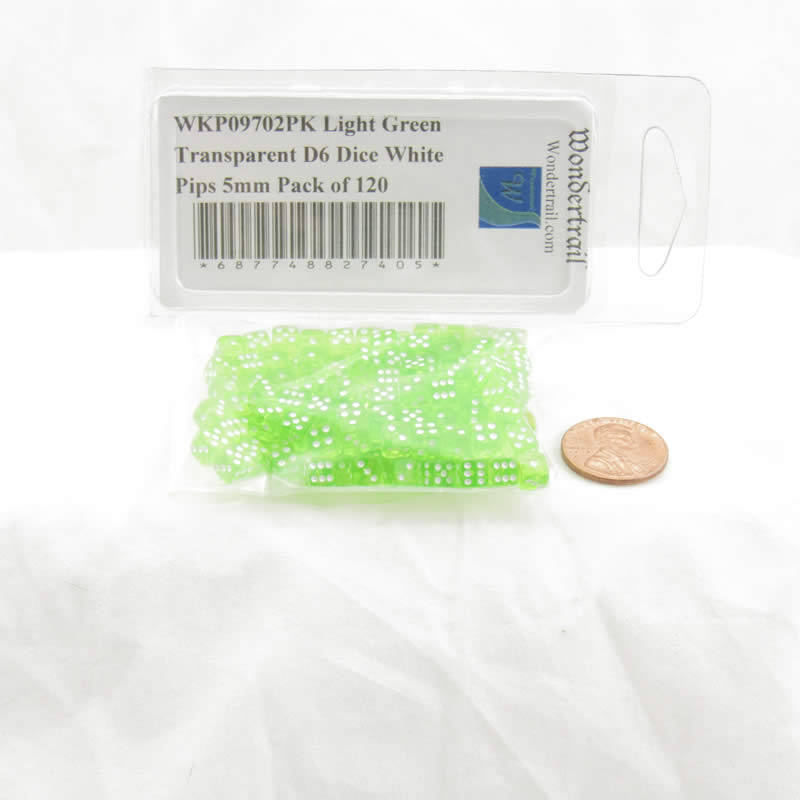 WKP09702PK Light Green Transparent D6 Dice White Pips 5mm Pack of 120 2nd Image