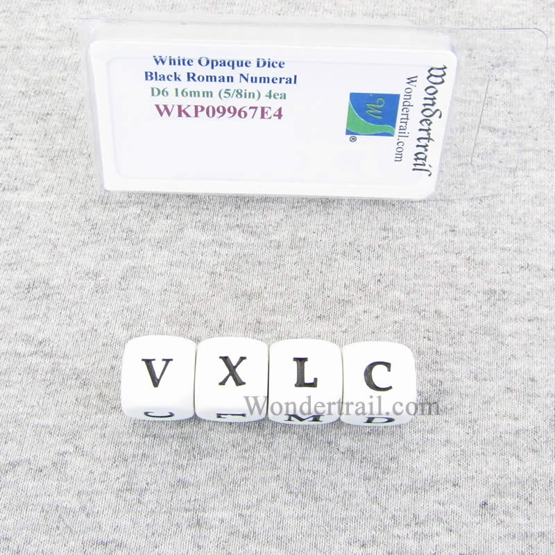 WKP09967E4 White Dice Black Roman Numeral D6 16mm (5/8in) Pack of 4 Main Image