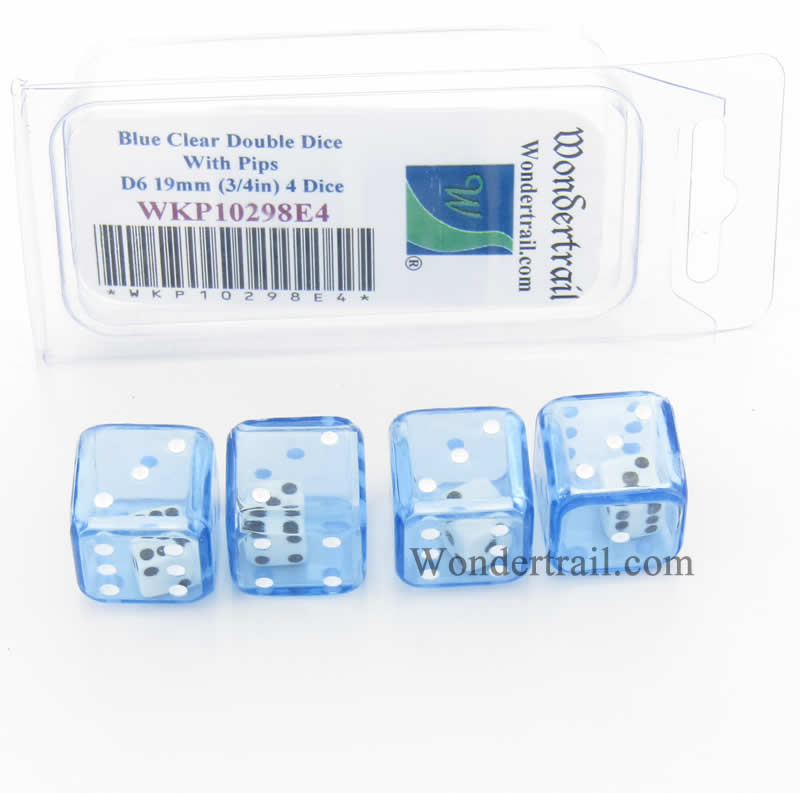 WKP10298E4 Blue Transparent Double Dice White Pips D6 19mm Pack of 4 Main Image