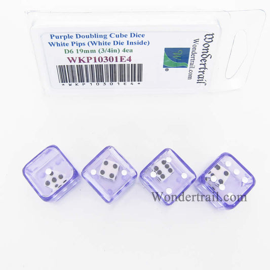 WKP10301E4 Purple Doubling Cube Dice White Pips D6 19mm Pack of 4 Main Image