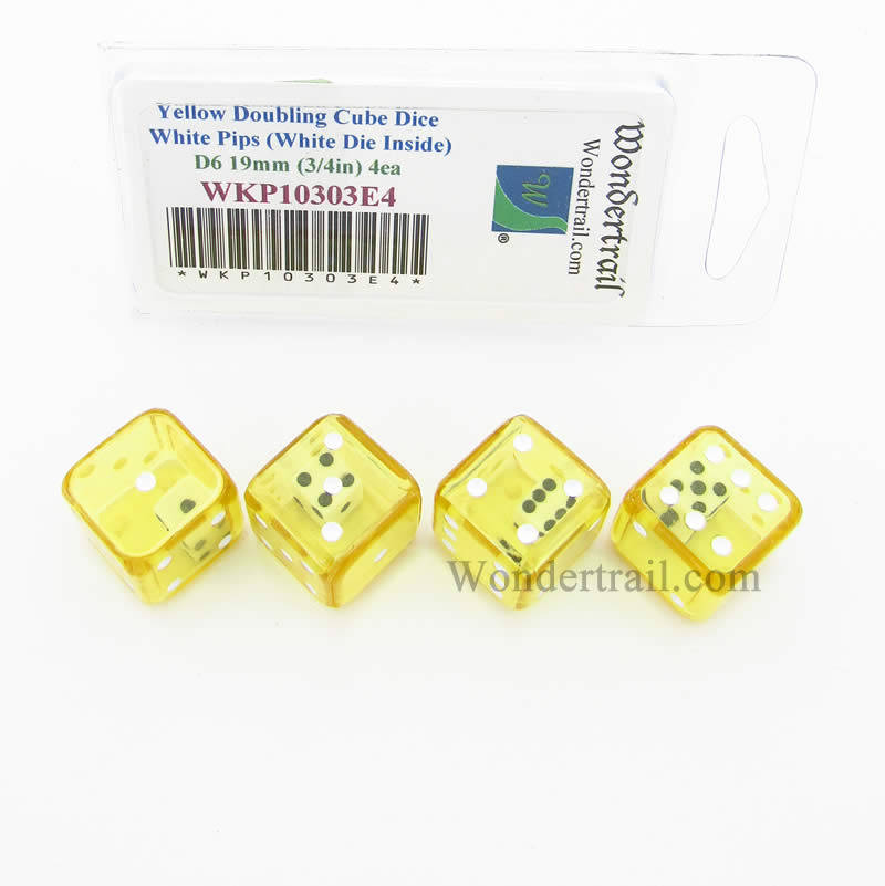 WKP10303E4 Yellow Doubling Cube Dice White Pips D6 19mm Pack of 4 Main Image