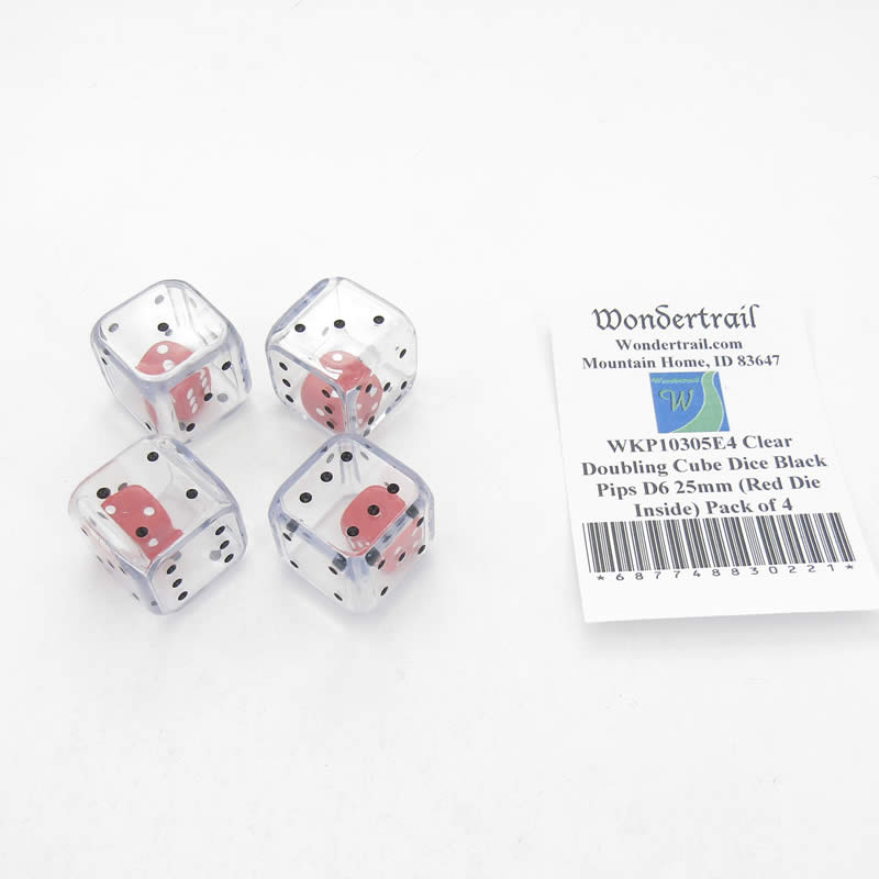 WKP10305E4 Clear Doubling Cube Dice Black Pips D6 25mm (Red Die Inside) Pack of 4 Main Image