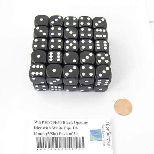 WKP10879E50 Black Opaque Dice with White Pips D6 16mm (5/8in) Pack of 50 Main Image