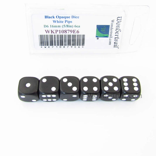 WKP10879E6 Black Opaque Dice with White Pips D6 16mm (5/8in) Pack of 6 Main Image