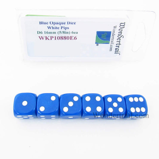 WKP10880E6 Blue Opaque Dice with White Pips D6 16mm (5/8in) Pack of 6 Main Image