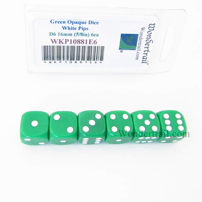 WKP10881E6 Green Opaque Dice with White Pips D6 16mm (5/8in) Pack of 6 Main Image