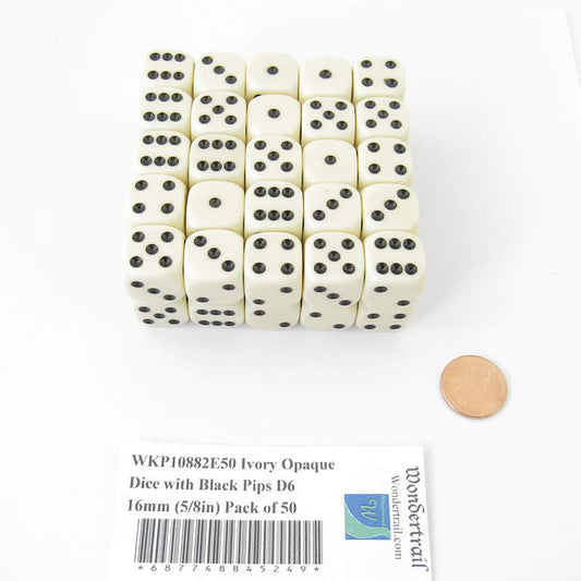 WKP10882E50 Ivory Opaque Dice with Black Pips D6 16mm (5/8in) Pack of 50 Main Image