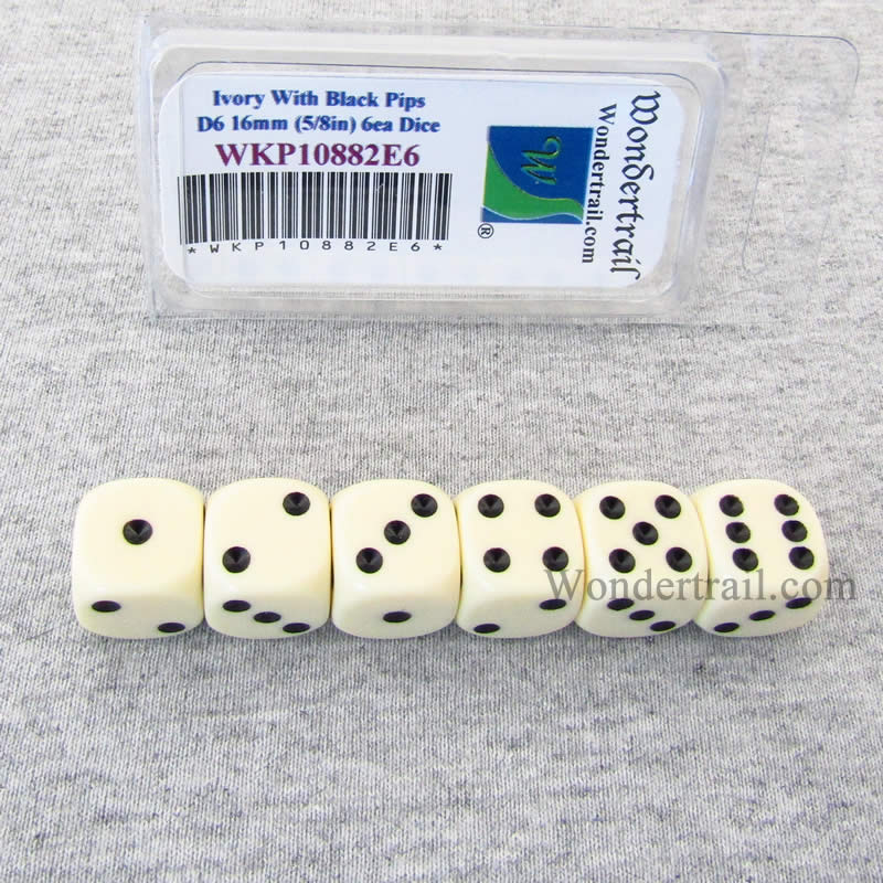 WKP10882E6 Ivory Opaque Dice with Black Pips D6 16mm (5/8in) Pack of 6 Main Image