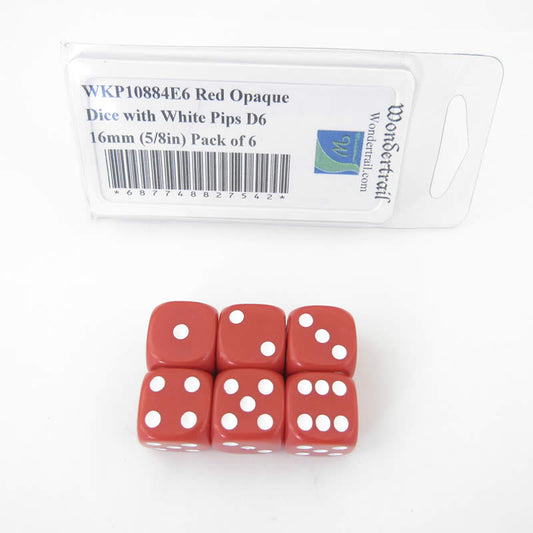 WKP10884E6 Red Opaque Dice with White Pips D6 16mm (5/8in) Pack of 6 Main Image