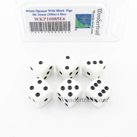 WKP10885E6 White Opaque Dice with Black Pips D6 16mm (5/8in) Pack of 6 Main Image