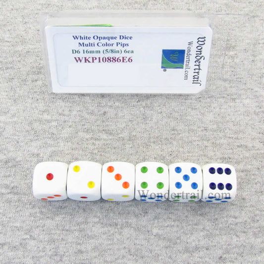 WKP10886E6 White Opaque Dice Multi Color Pips D6 16mm (5/8in) Pack of 6 Main Image