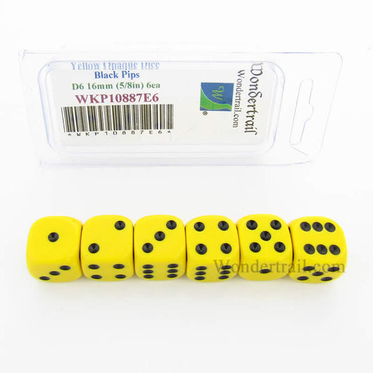 WKP10887E6 Yellow Opaque Dice Black Pips D6 16mm (5/8in) Pack of 6 Main Image
