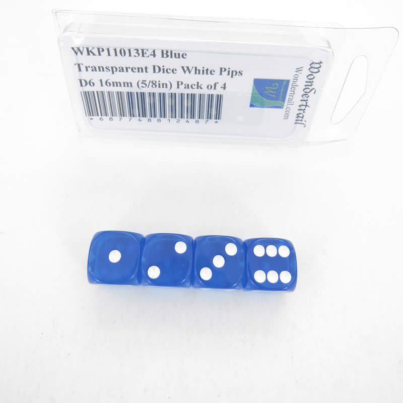 WKP11013E4 Blue Transparent Dice White Pips D6 16mm (5/8in) Pack of 4 Main Image