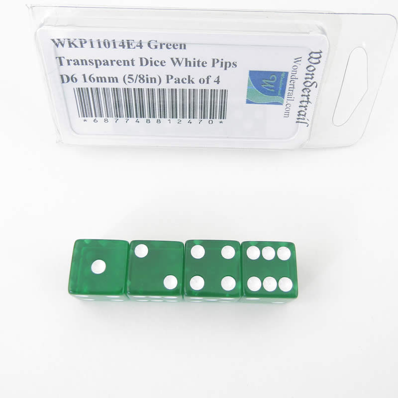 WKP11014E4 Green Transparent Dice White Pips D6 16mm (5/8in) Pack of 4 Main Image