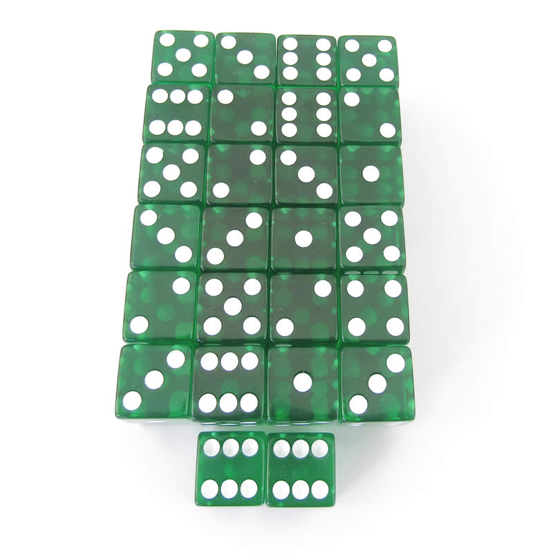 WKP11014E50 Green Transparent Dice White Pips D6 16mm Pack of 50 Main Image