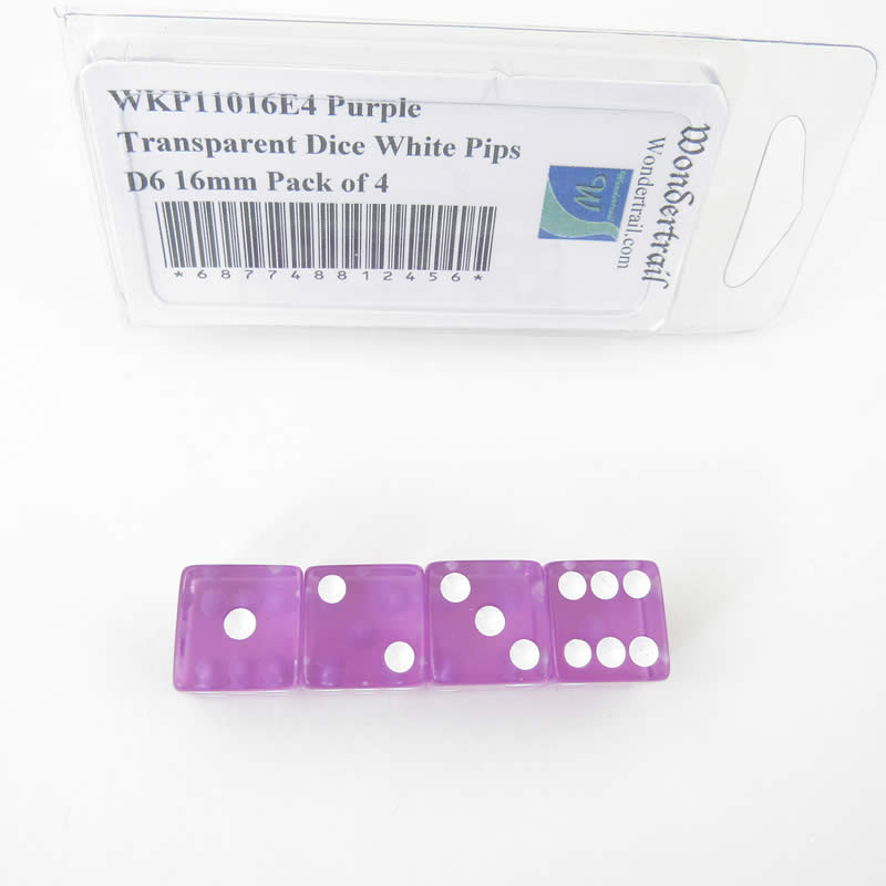 WKP11016E4 Purple Transparent Dice White Pips D6 16mm Pack of 4 Main Image