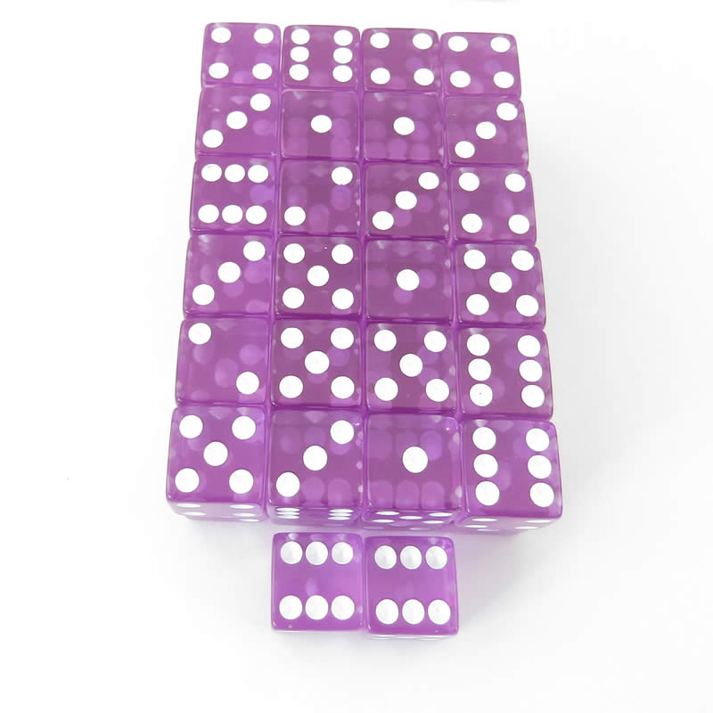 WKP11016E50 Purple Transparent Dice White Pips D6 16mm Pack of 50 Main Image