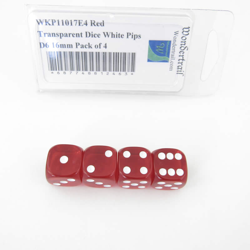 WKP11017E4 Red Transparent Dice White Pips D6 16mm Pack of 4 Main Image
