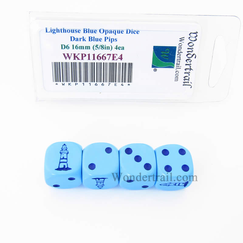 WKP11667E4 Lighthouse Dice Blue Opaque Drak Blue Pips D6 16mm Set of 4 Main Image