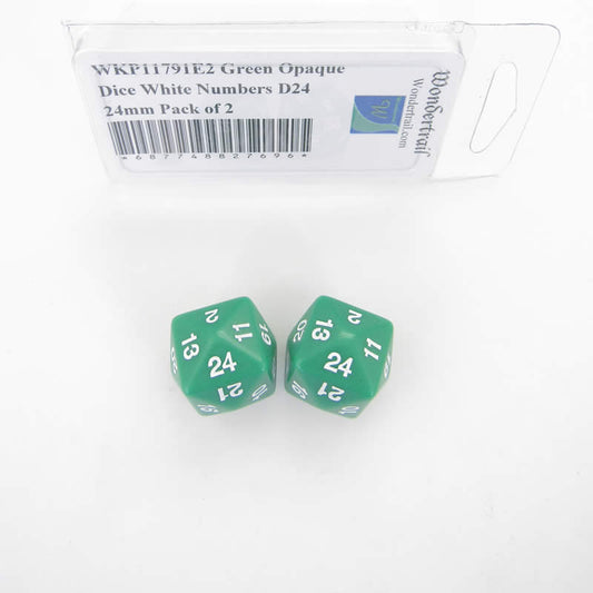 WKP11791E2 Green Opaque Dice White Numbers D24 24mm Pack of 2 Main Image
