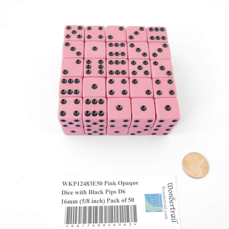 WKP12483E50 Pink Opaque Dice with Black Pips D6 16mm (5/8 inch) Pack of 50 Main Image