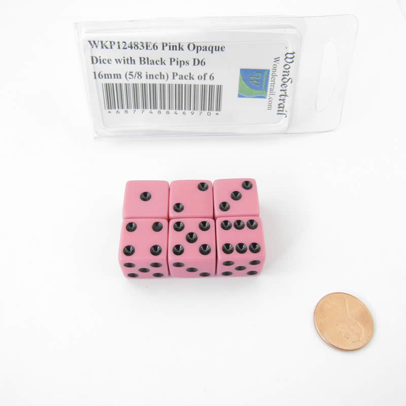 WKP12483E6 Pink Opaque Dice with Black Pips D6 16mm (5/8 inch) Pack of 6 Main Image