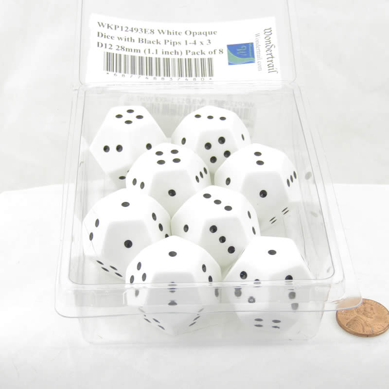 WKP12493E8 White Opaque Dice with Black Pips 1-4 x 3 D12 28mm (1.1 inch) Pack of 8 2nd Image