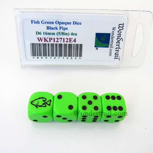WKP12712E4 Fish Dice Green Opaque Black Pips D6 16mm (5/8in) Set of 4 Main Image