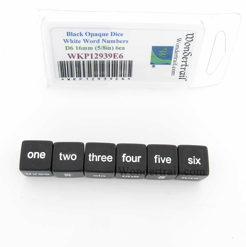 WKP12939E6 Black Opaque Dice White Word Numbers D6 16mm Set of 6 Main Image