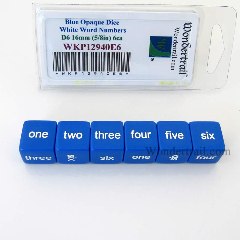 WKP12940E6 Blue Opaque Dice White Word Numbers D6 16mm Set of 6 Main Image