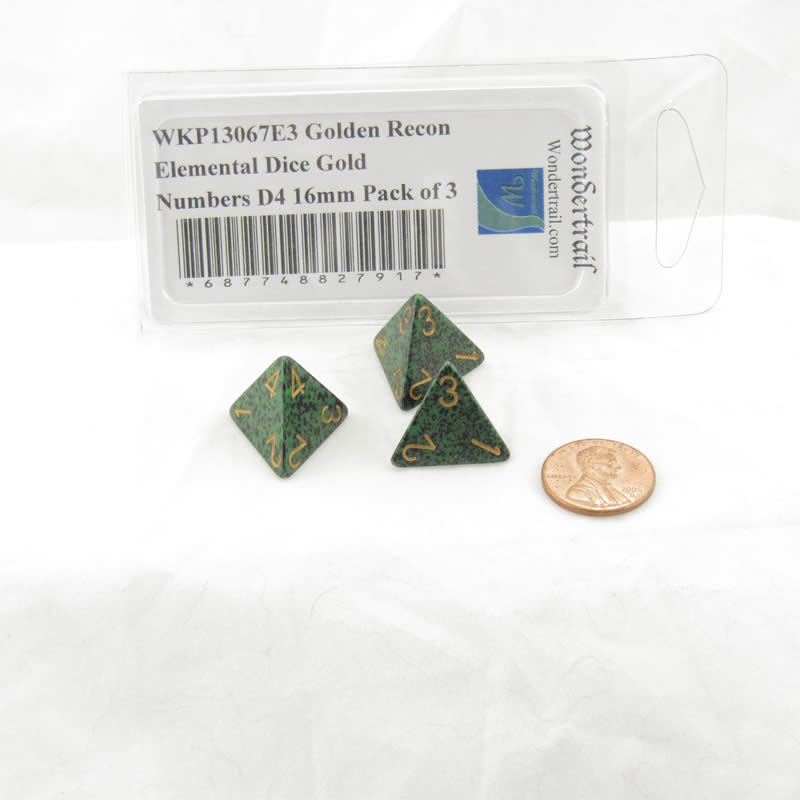 WKP13067E3 Golden Recon Elemental Dice Gold Numbers D4 16mm Pack of 3 2nd Image
