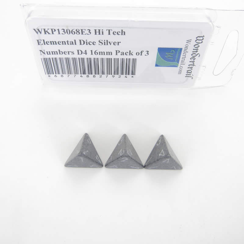 WKP13068E3 Hi Tech Elemental Dice Silver Numbers D4 16mm Pack of 3 Main Image