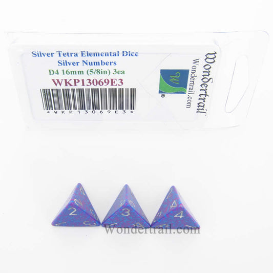 WKP13069E3 Silver Tetra Elemental Dice Silver Numbers D4 16mm Pack of 3 Main Image