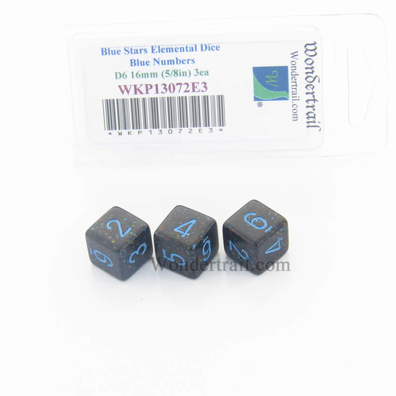 WKP13072E3 Blue Stars Elemental Dice Blue Numbers D6 16mm Pack of 3 Main Image