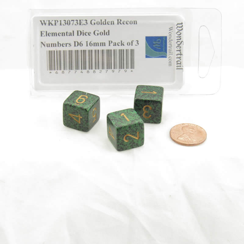 WKP13073E3 Golden Recon Elemental Dice Gold Numbers D6 16mm Pack of 3 2nd Image