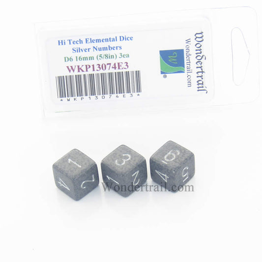 WKP13074E3 Hi Tech Elemental Dice Silver Numbers D6 16mm Pack of 3 Main Image