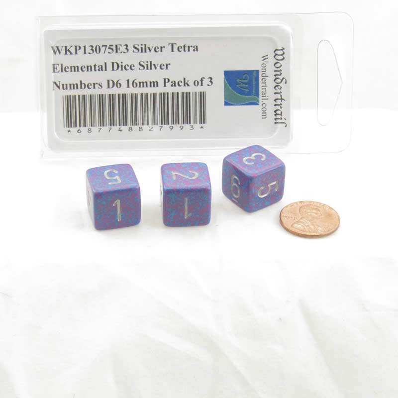 WKP13075E3 Silver Tetra Elemental Dice Silver Numbers D6 16mm Pack of 3 2nd Image