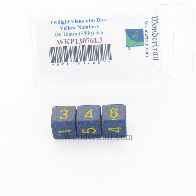 WKP13076E3 Twilight Elemental Dice Yellow Numbers D6 16mm Pack of 3 Main Image