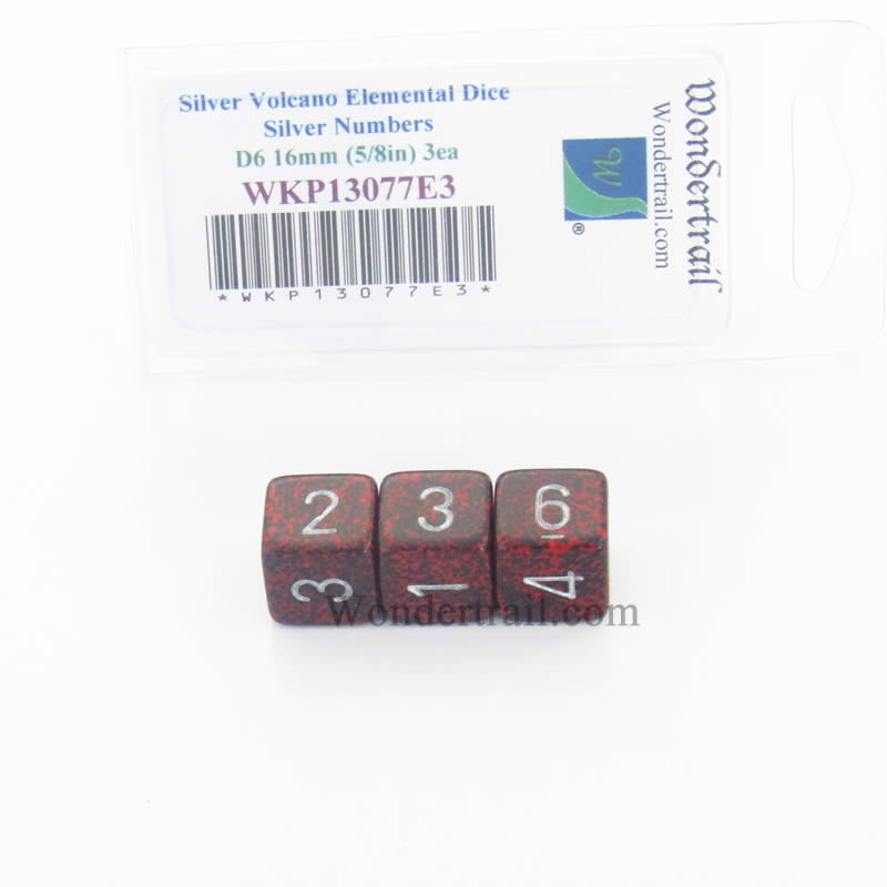 WKP13077E3 Silver Volcano Elemental Dice Silver Numbers D6 16mm Pack of 3 Main Image