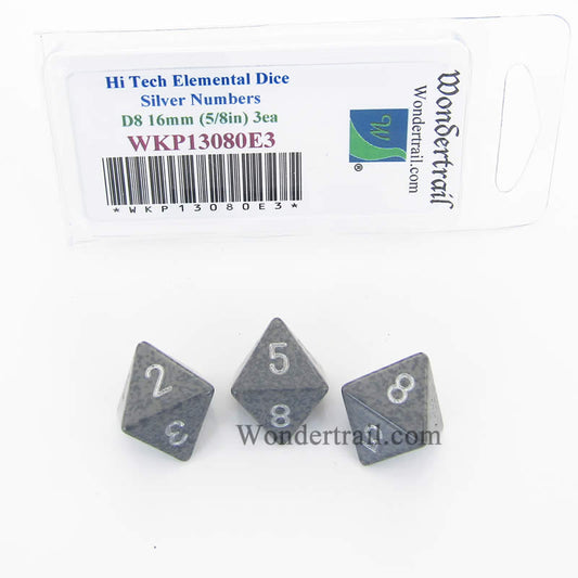 WKP13080E3 Hi Tech Elemental Dice Silver Numbers D8 16mm Pack of 3 Main Image