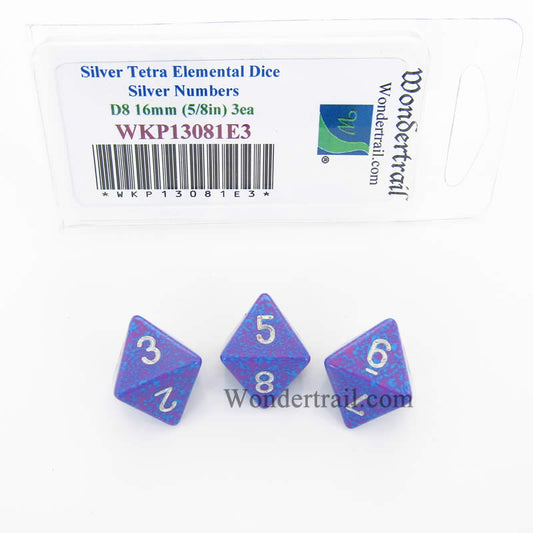 WKP13081E3 Silver Tetra Elemental Dice Silver Numbers D8 16mm Pack of 3 Main Image