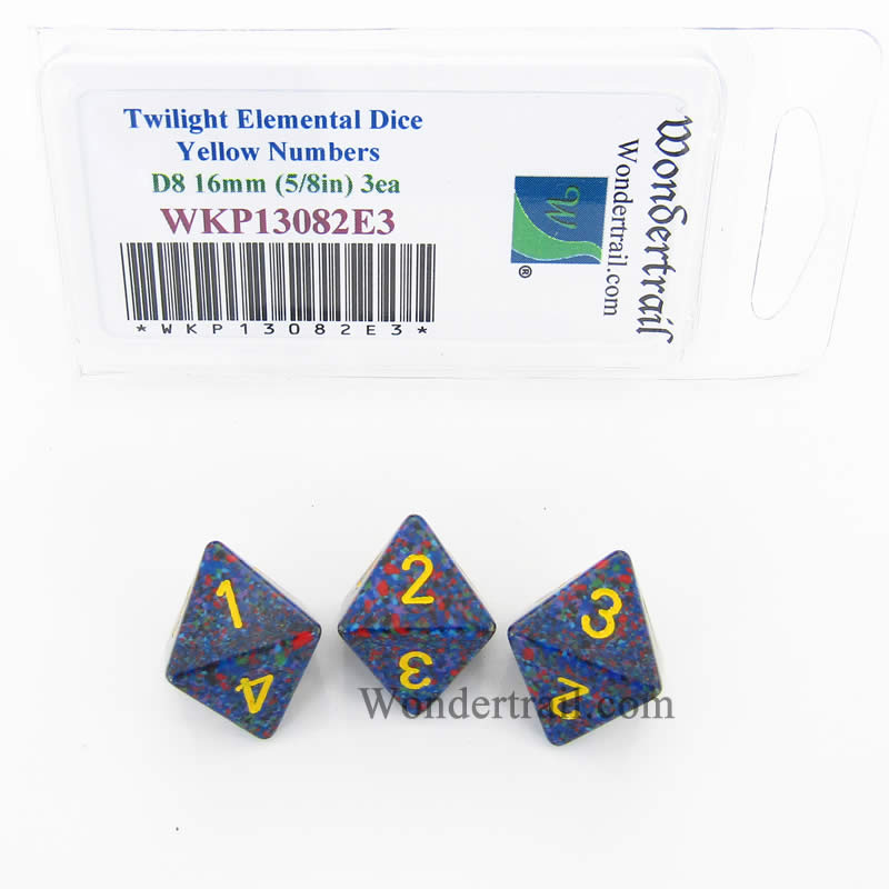WKP13082E3 Twilight Elemental Dice Yellow Numbers 16mm D8 Pack of 3 Main Image