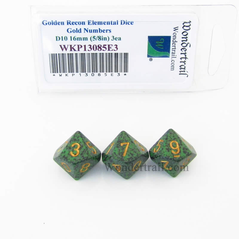 WKP13085E3 Golden Recon Elemental Dice Gold Numbers 16mm D10 Pack of 3 Main Image