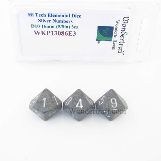 WKP13086E3 Hi Tech Elemental Dice Silver Numbers 16mm D10 Pack of 3 Main Image