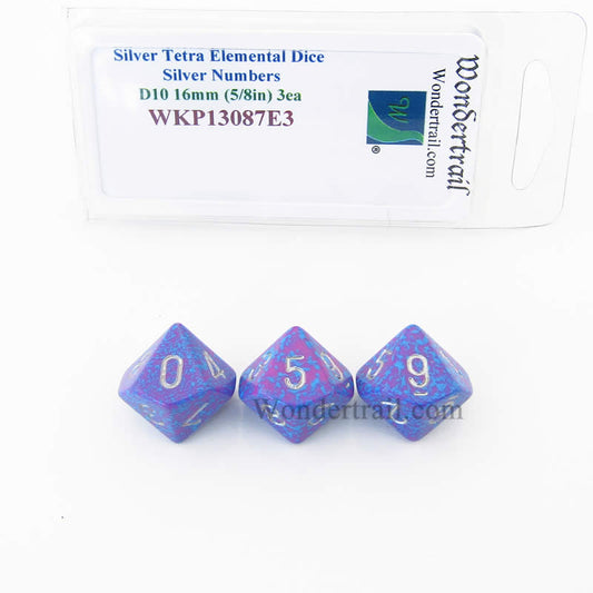 WKP13087E3 Silver Tetra Elemental Dice Silver Numbers 16mm D10 Pack of 3 Main Image