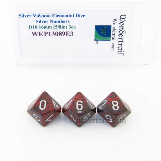 WKP13089E3 Silver Volcano Elemental Dice Silver Numbers 16mm D10 Pack of 3 Main Image