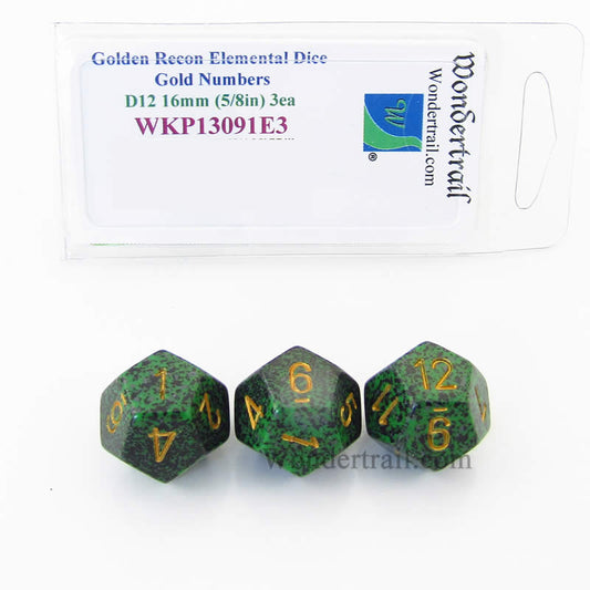 WKP13091E3 Golden Recon Elemental Dice Gold Numbers 16mm D12 Pack of 3 Main Image