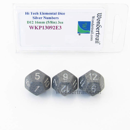 WKP13092E3 Hi Tech Elemental Dice Silver Numbers 16mm D12 Pack of 3 Main Image