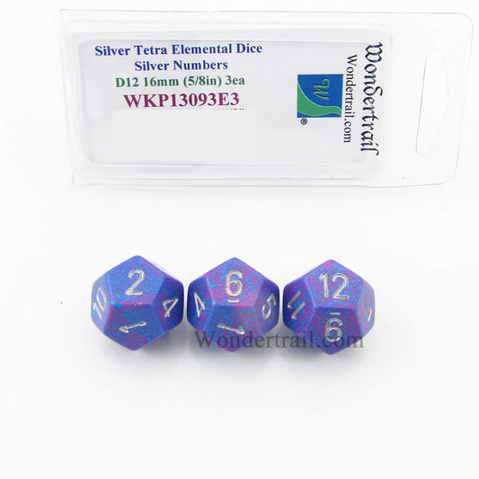 WKP13093E3 Silver Tetra Elemental Dice Silver Numbers 16mm D12 Pack of 3 Main Image